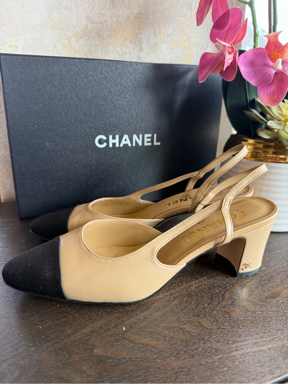 CHANEL Beige Leather Slingback Pumps with Black Cap Toe